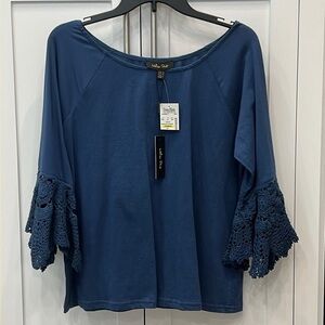 Melissa Paige Blue Crocheted Detail Bell Cuff Long Sleeve Too